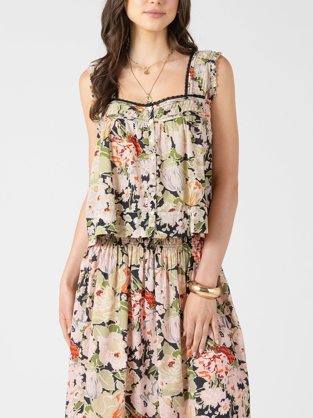 DEX Lace Trim Button Front Tank